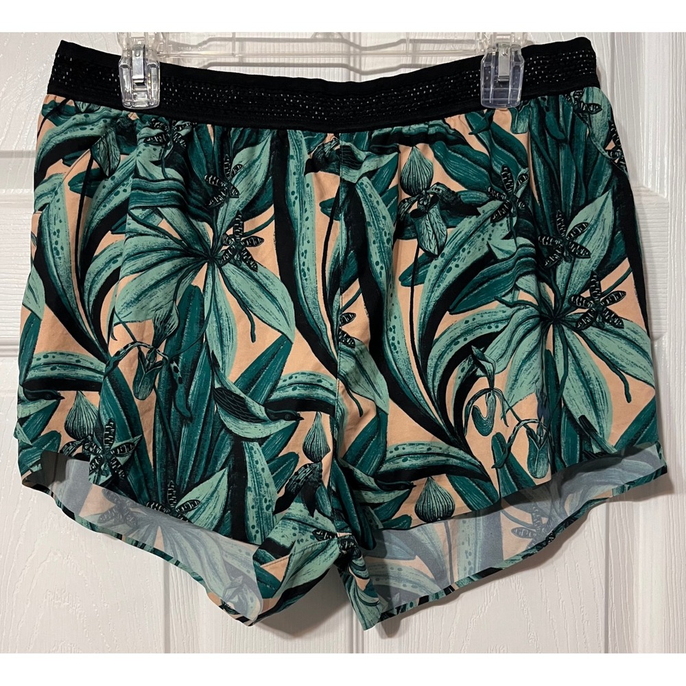 Janji Womens AFO Middle Short Tropical Floral Running Shorts Green Peach XL